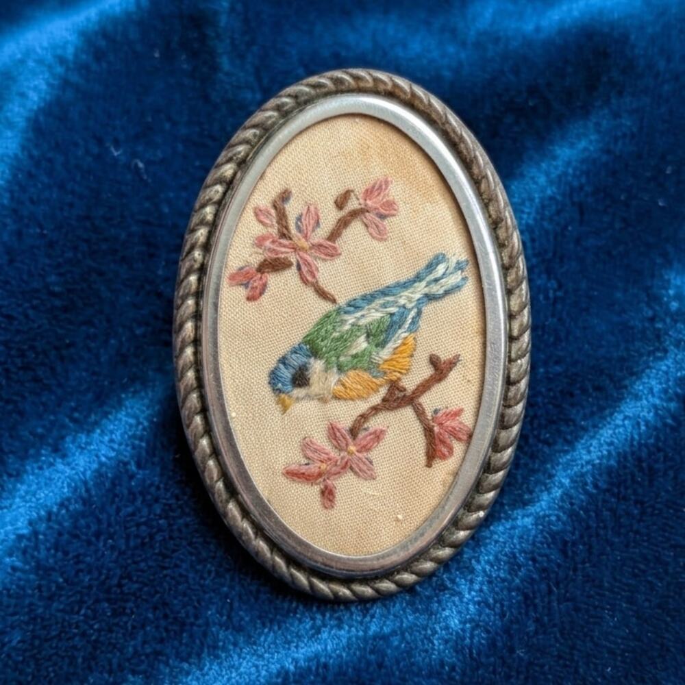 Vtg Needlepoint Embroided Brooch Flowers and Blue Bird